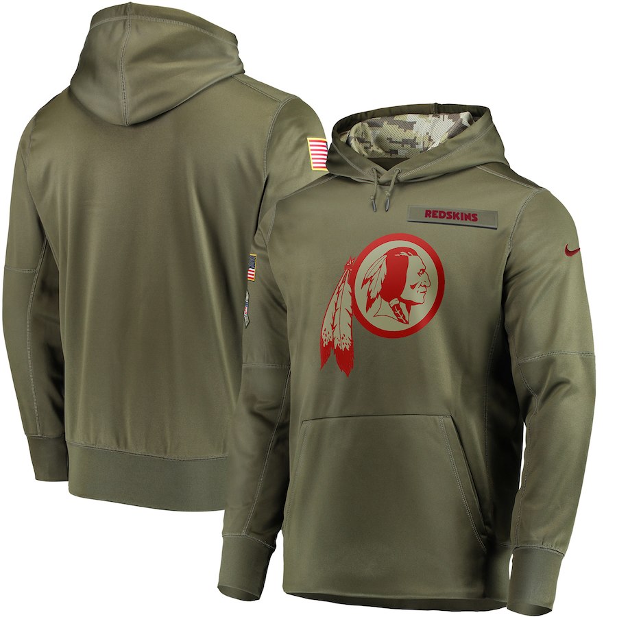 Men's Washington Redskins 2018 Olive Salute to Service Sideline Therma Performance Pullover Stitched NFL Hoodie